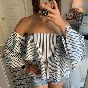 Off-Shoulder Black & White Striped Ruffle Blouse